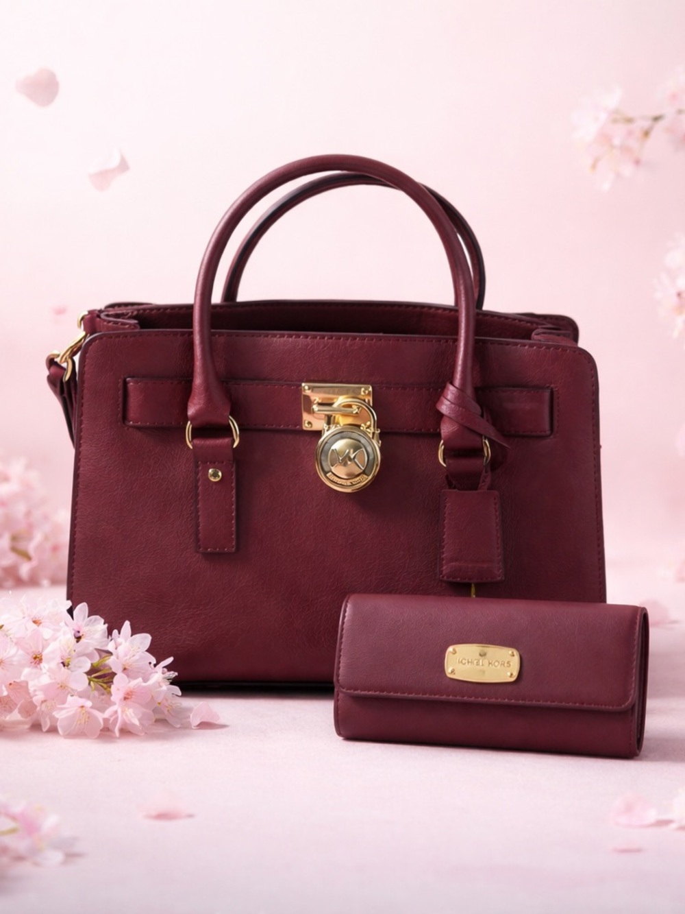 Michael Kors Women's Burgundy Saffiano Leather Satchel with match wallet NWT